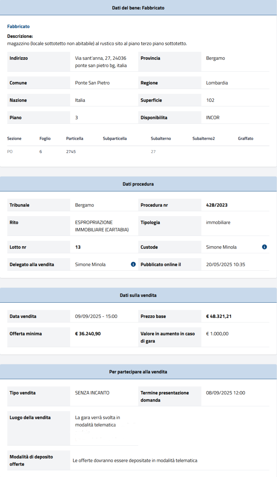 Dati tecnici asta immobiliare Informazioni asta immobiliare