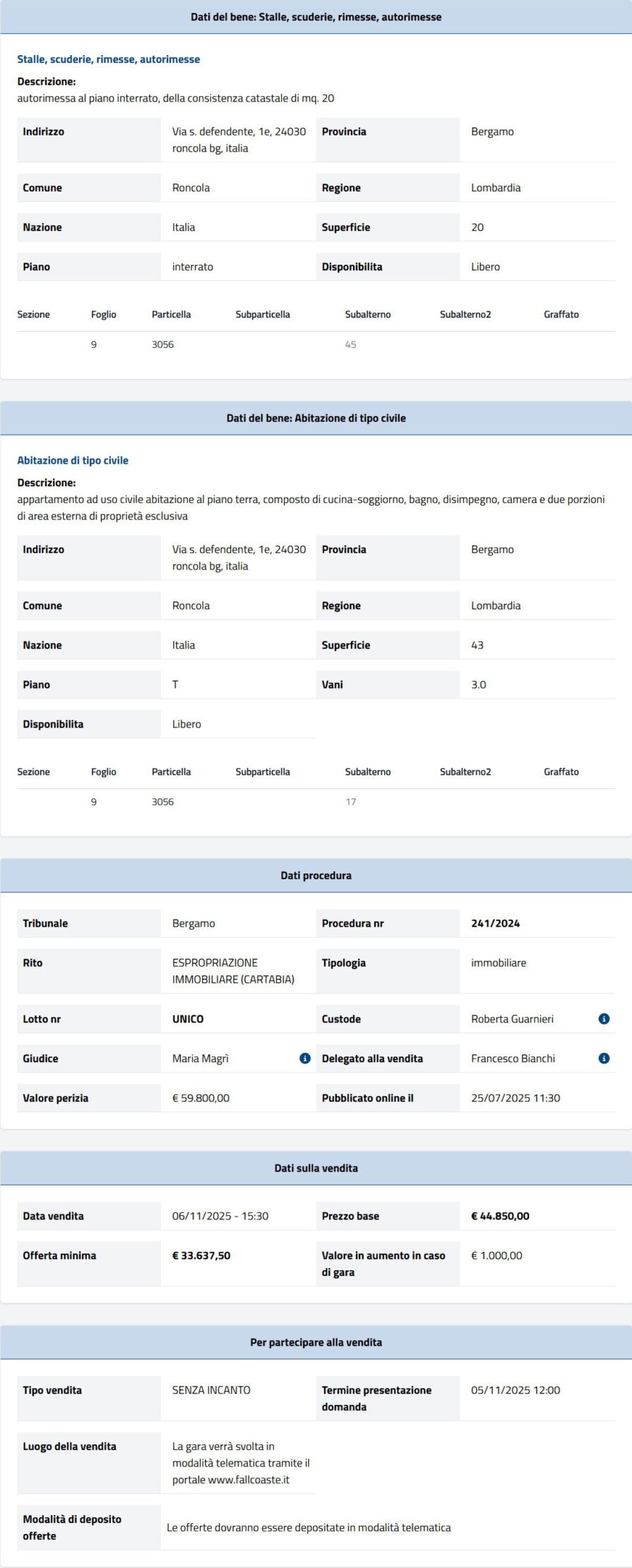 Riepilogo dei dati tecnici dell'Abitazione A/2 di 64 mq a Sorisole, con indicazione degli oneri di regolarizzazione per la demolizione stimati in € 15.000,00.
