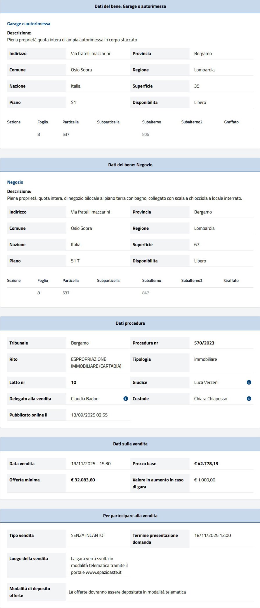 Ufficio Monolocale Asta Osio Sopra 51 mq + Box 21 mq
