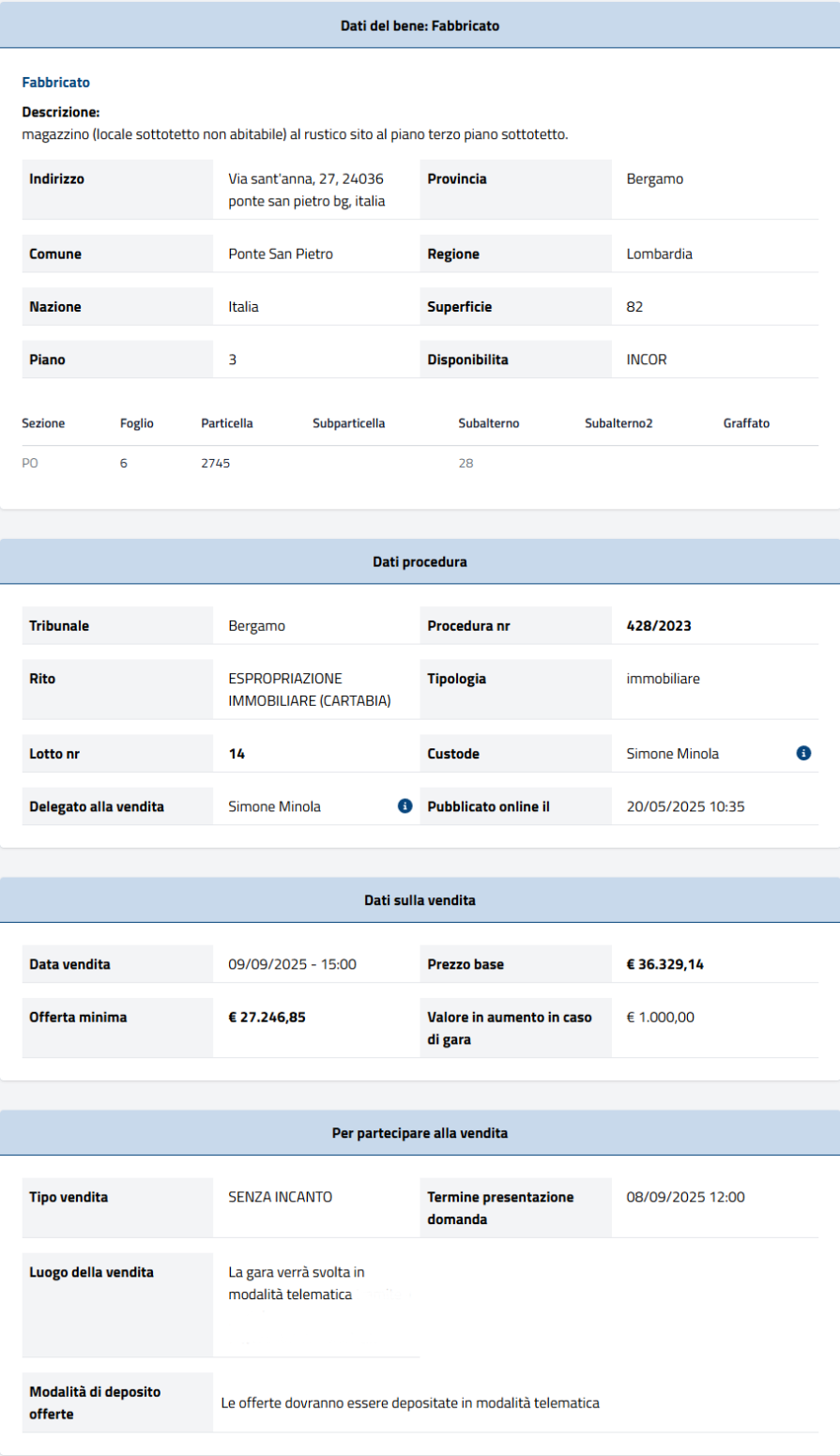 Dati tecnici asta immobiliare Informazioni asta immobiliare