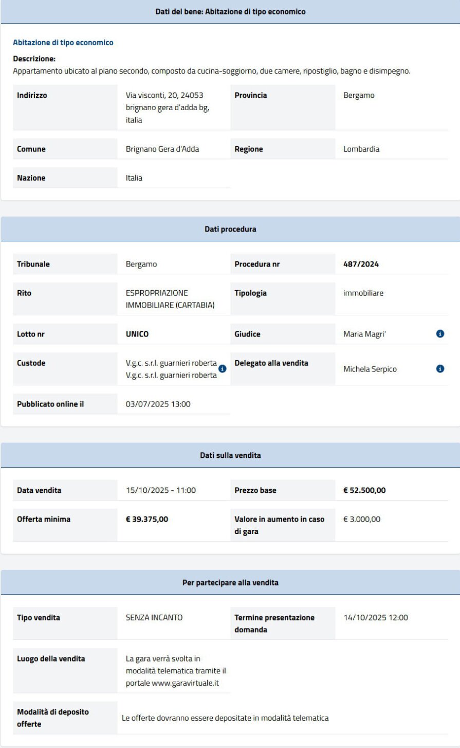 Dati tecnici asta immobiliare Informazioni asta immobiliare