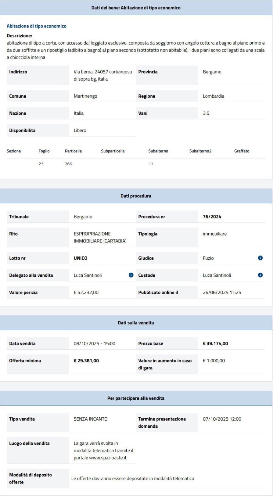 Dati tecnici asta immobiliare Informazioni asta immobiliare