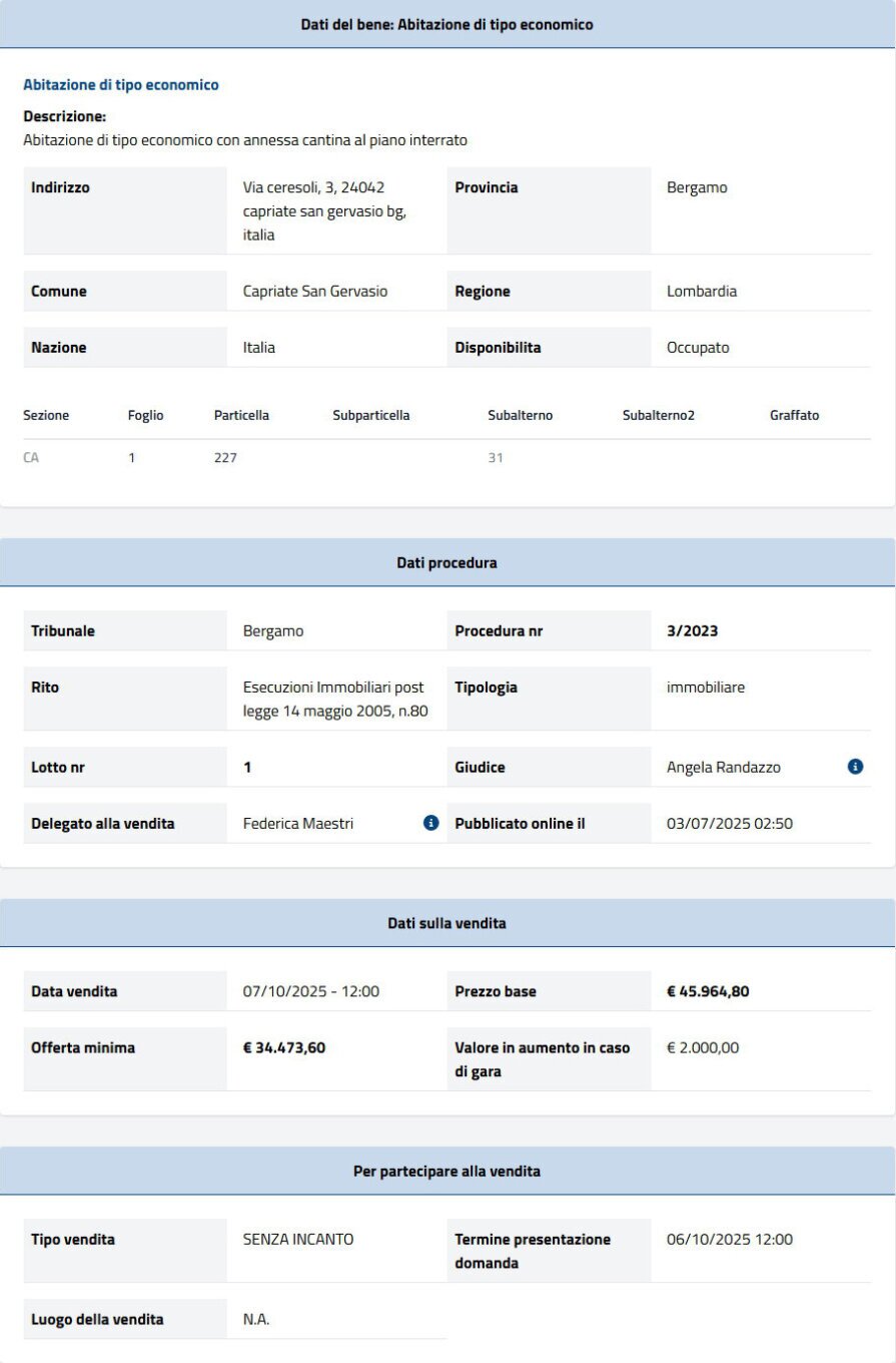 Dati tecnici asta immobiliare Informazioni asta immobiliare