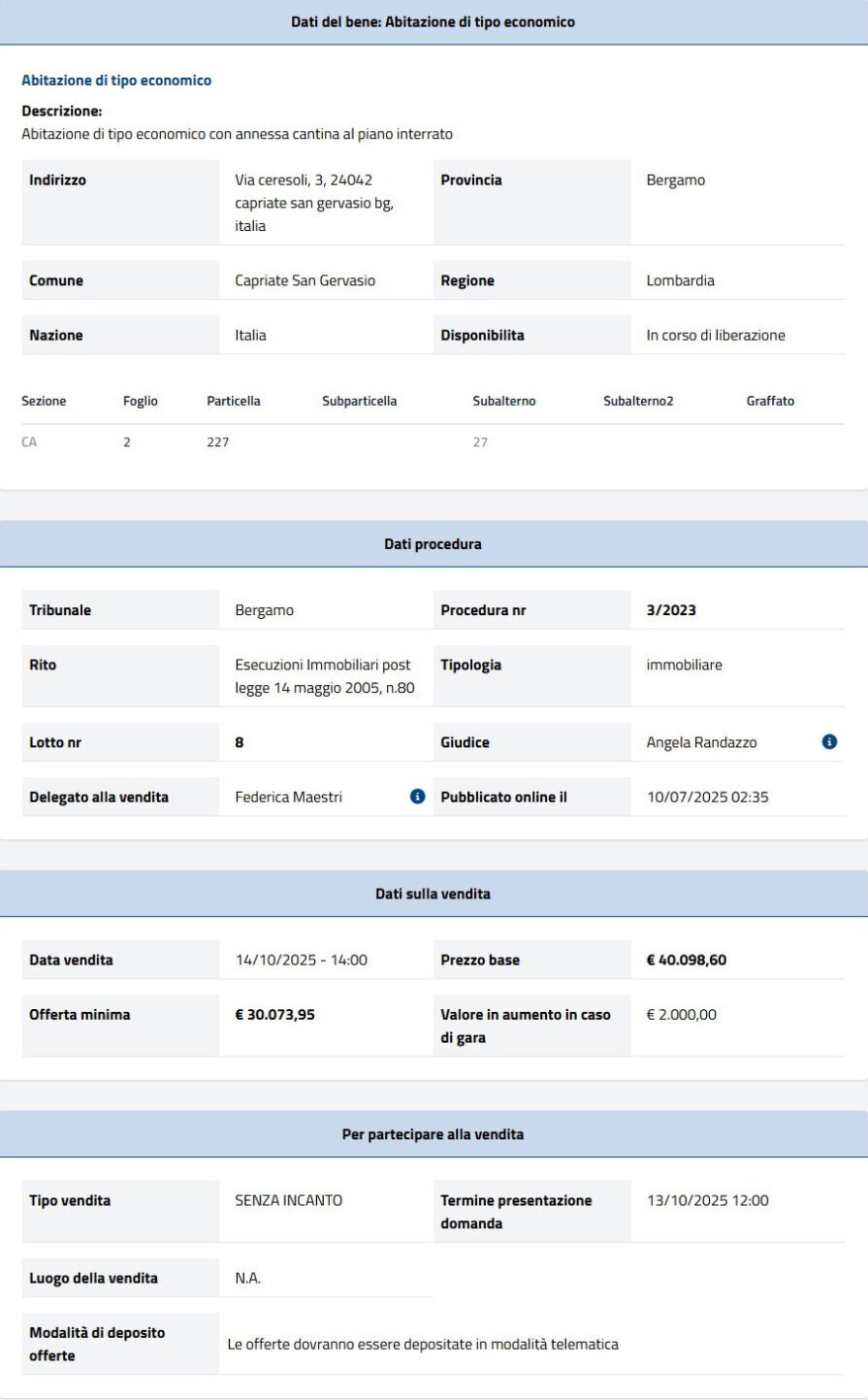 Dati tecnici asta immobiliare Informazioni asta immobiliare