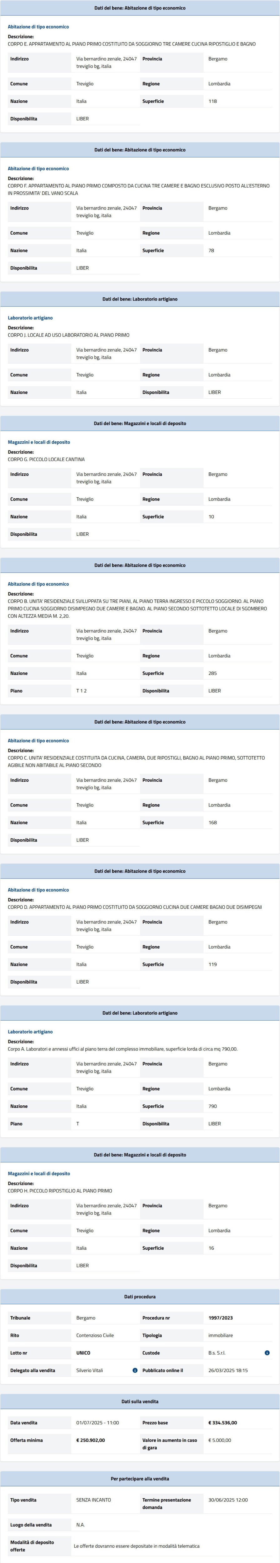 Dati tecnici asta immobiliare Informazioni asta immobiliare