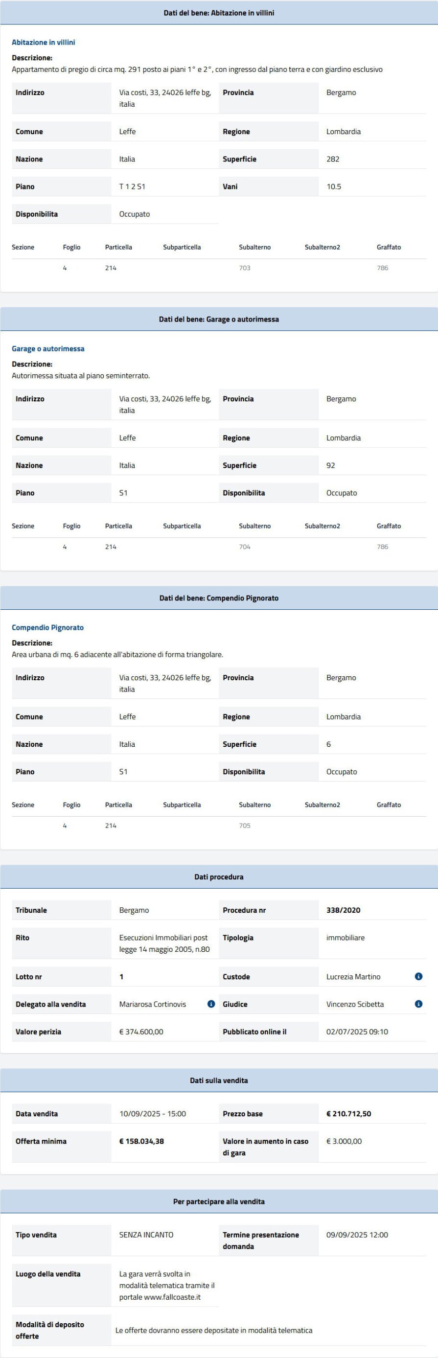 Dati tecnici asta immobiliare Informazioni asta immobiliare