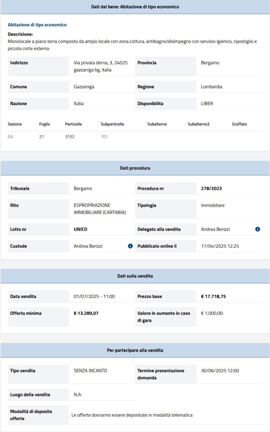 Dati tecnici asta immobiliare Informazioni asta immobiliare
