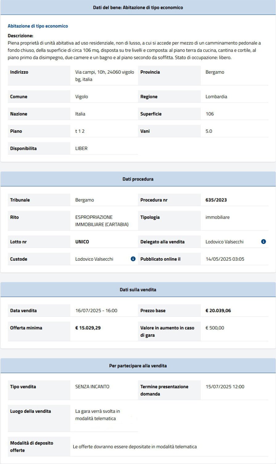 Dati tecnici asta immobiliare Informazioni asta immobiliare