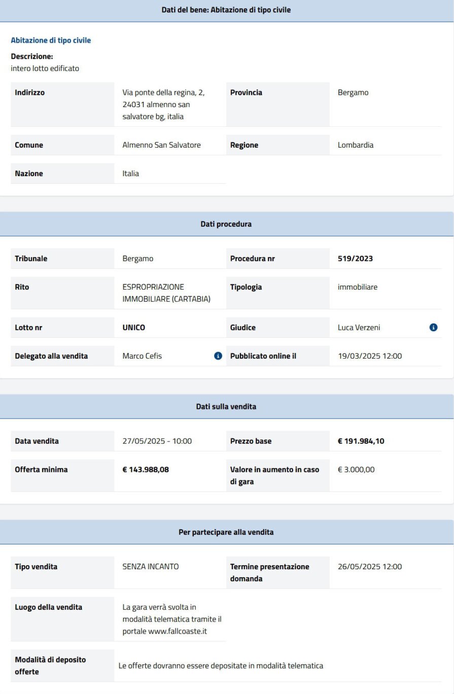 Dati tecnici asta immobiliare Informazioni asta immobiliare