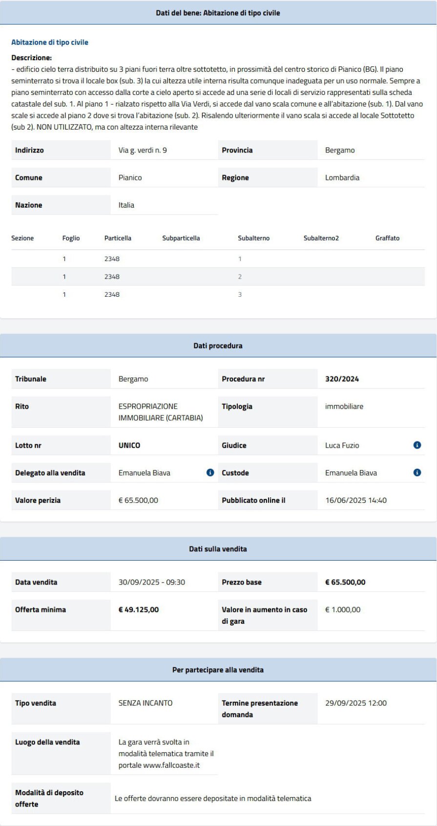 Dati tecnici asta immobiliare Informazioni asta immobiliare