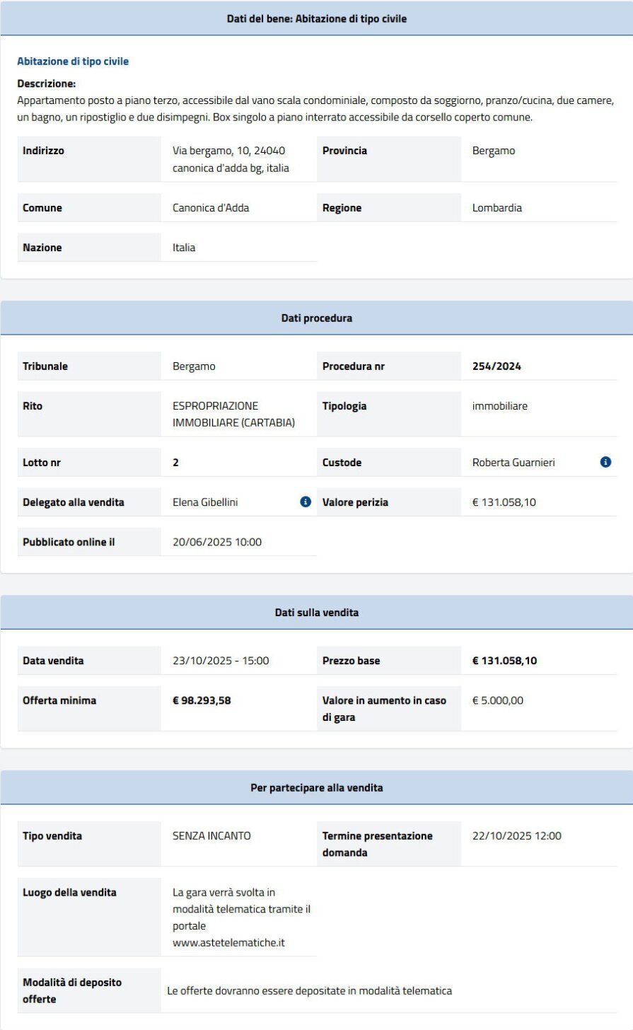 Dati tecnici asta immobiliare Informazioni asta immobiliare