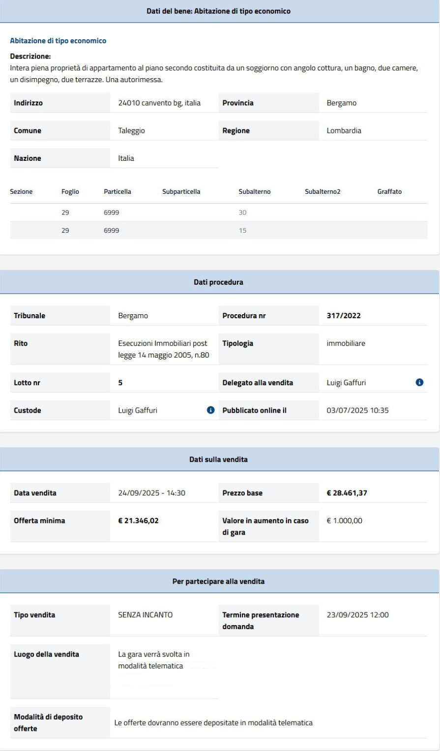 Dati tecnici asta immobiliare Informazioni asta immobiliare