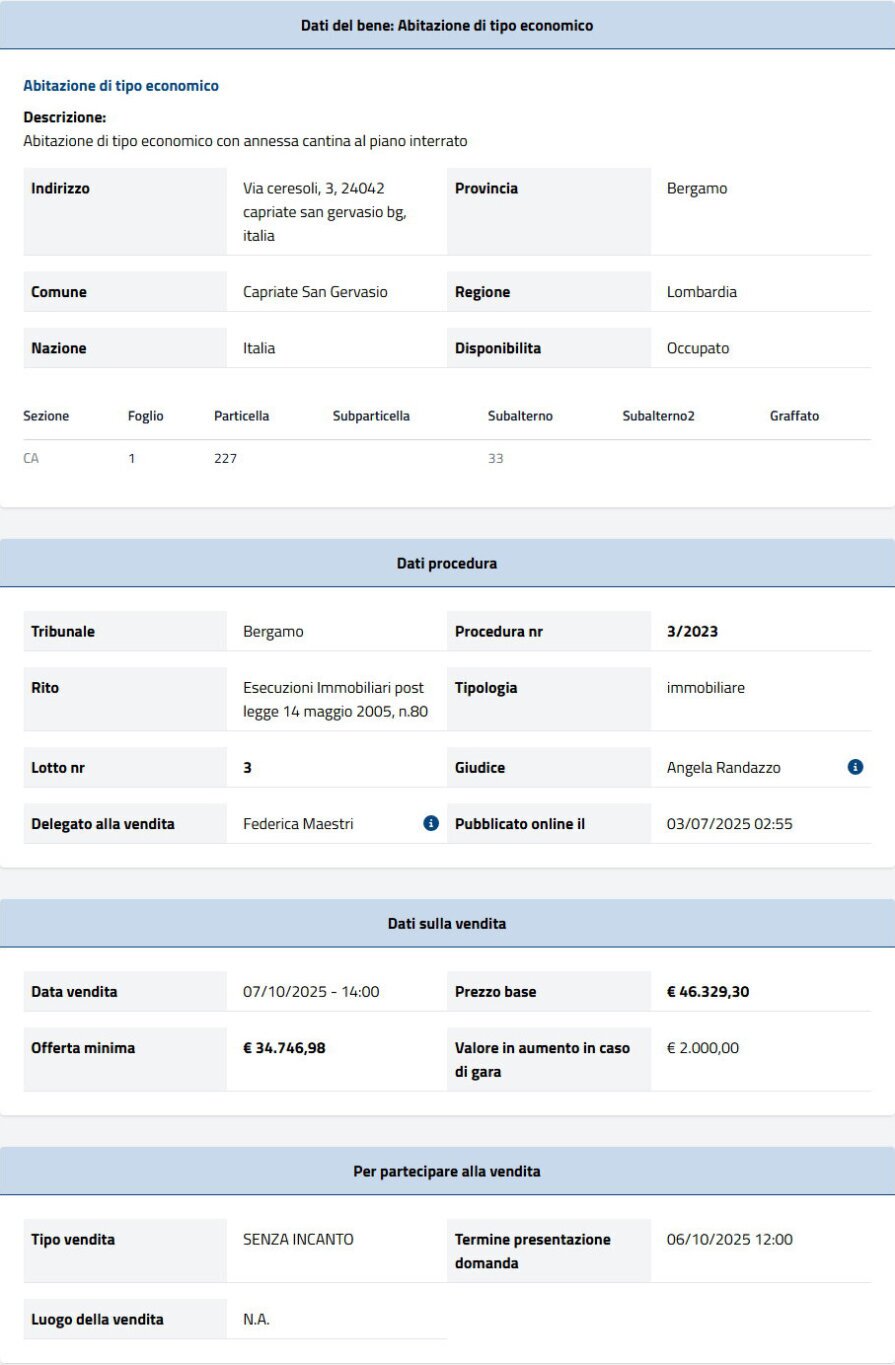 Dati tecnici asta immobiliare Informazioni asta immobiliare