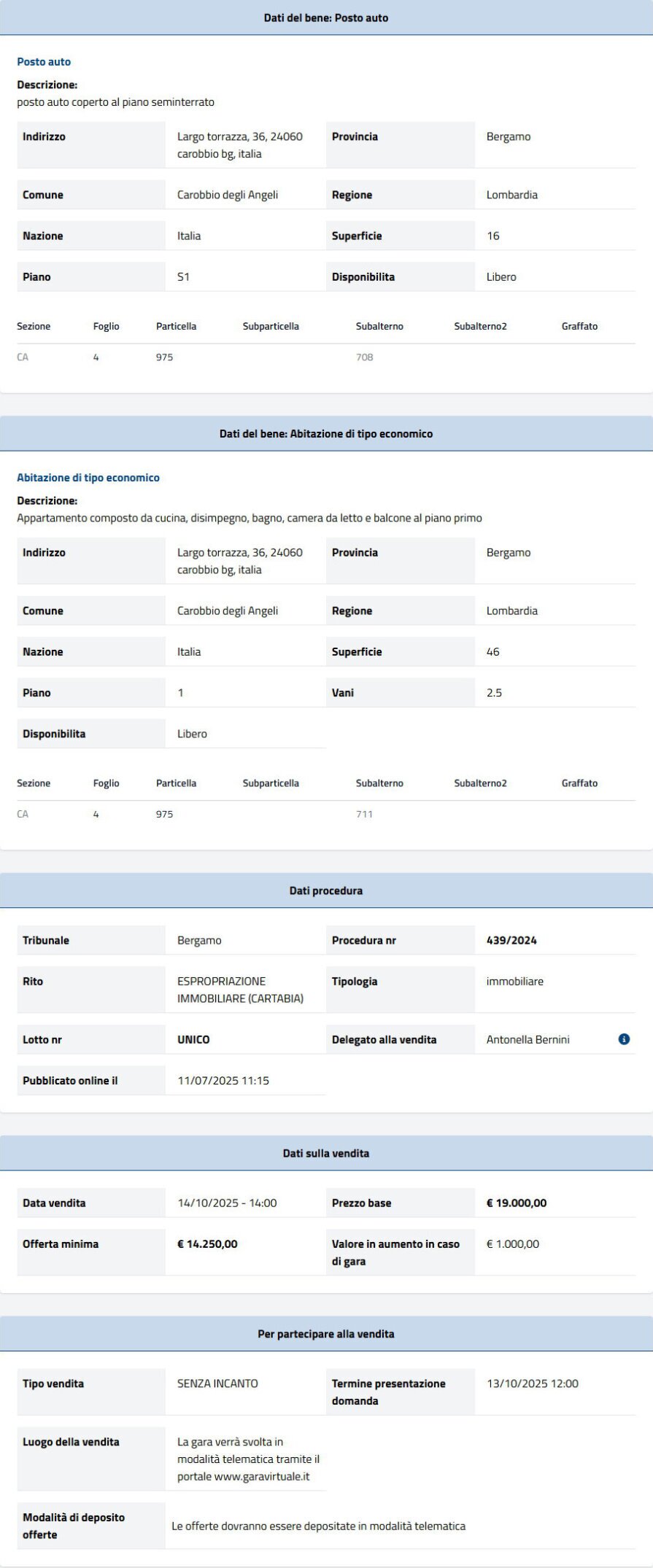 Dati tecnici asta immobiliare Informazioni asta immobiliare