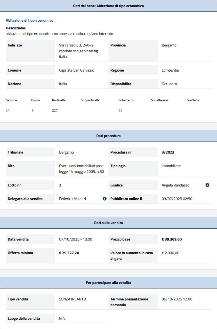 Dati tecnici asta immobiliare Informazioni asta immobiliare