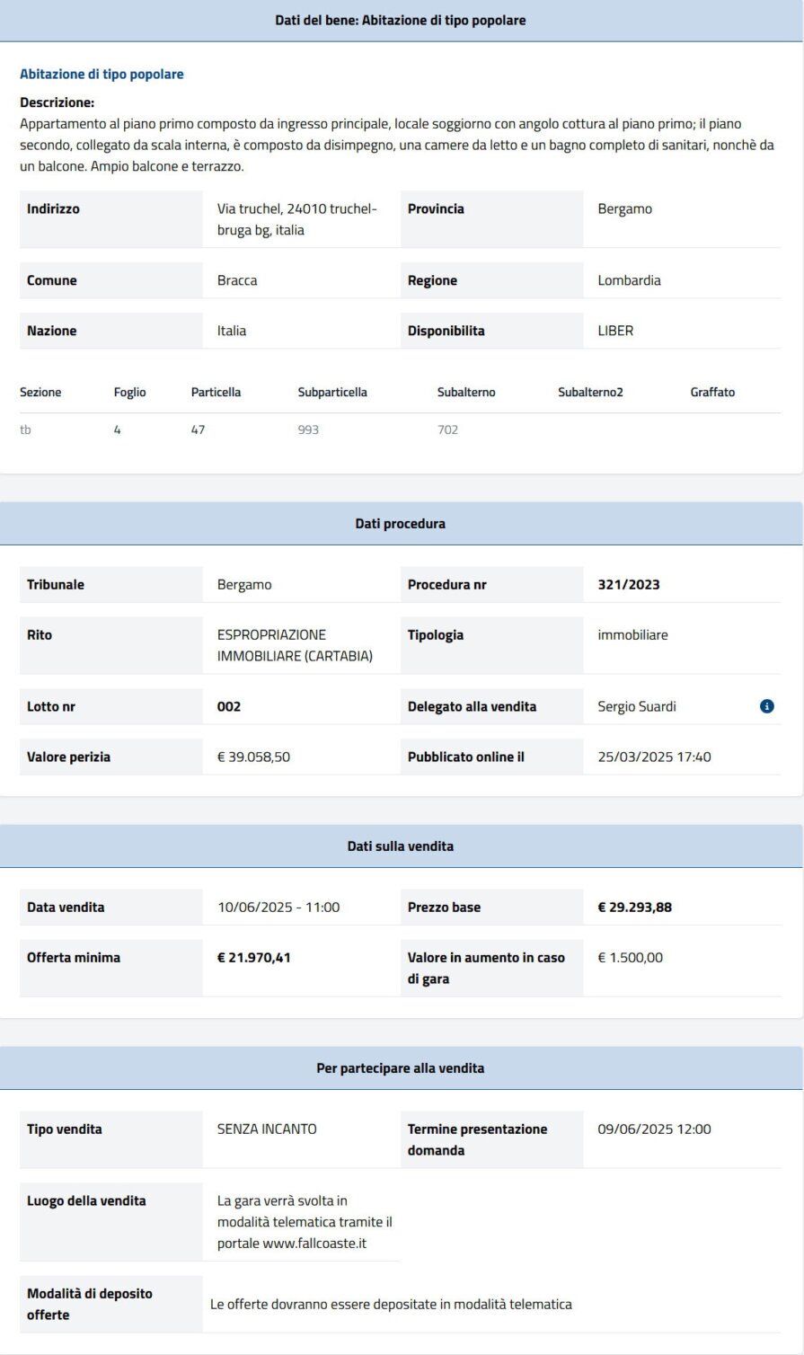 Dati tecnici asta immobiliare Informazioni asta immobiliare