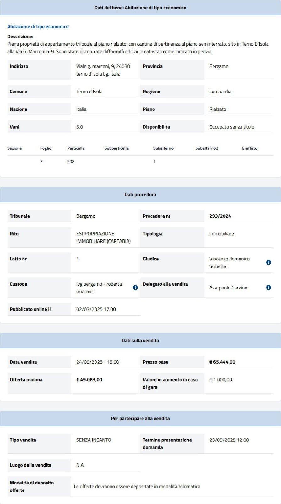 Dati tecnici asta immobiliare Informazioni asta immobiliare