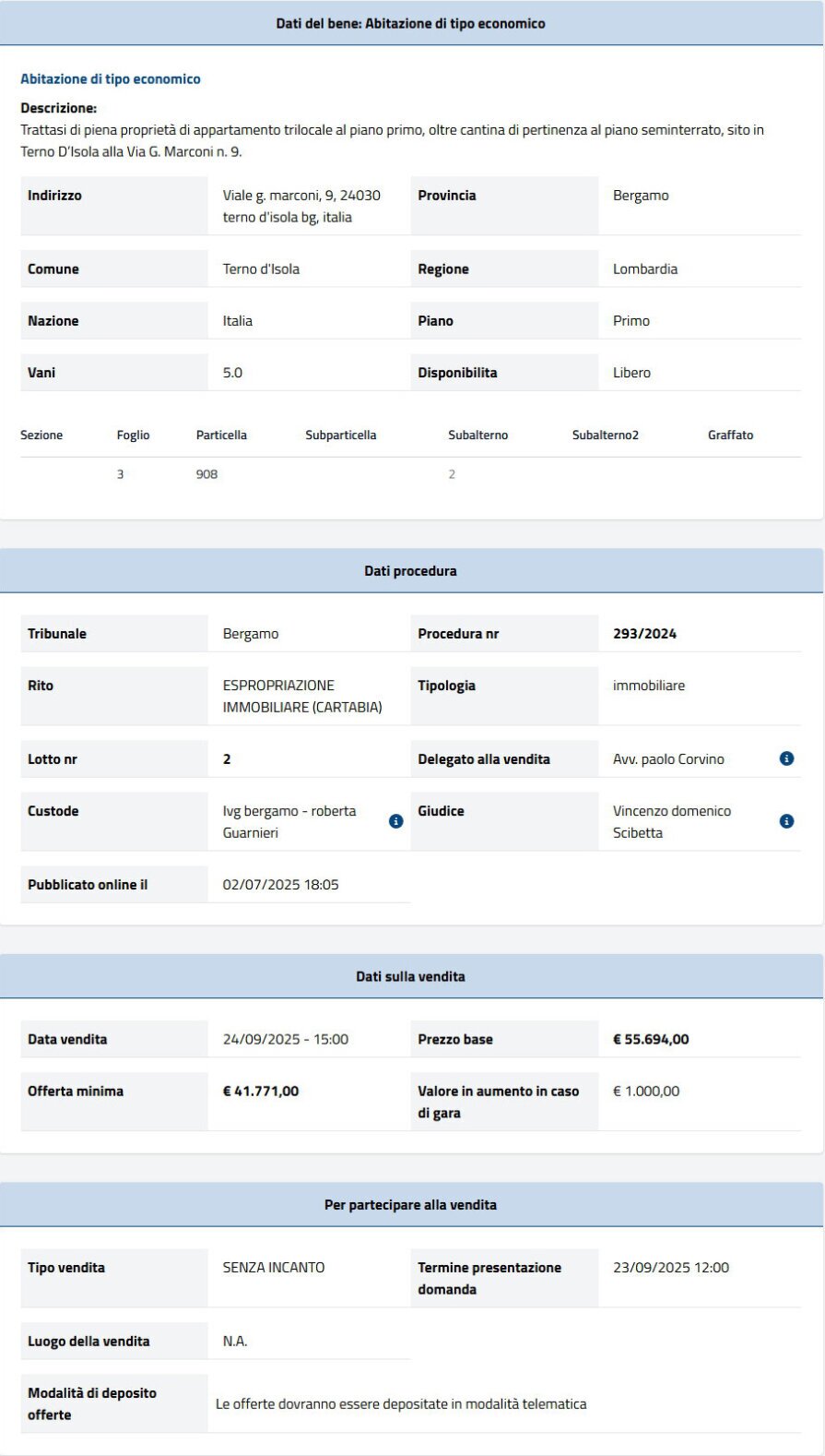Dati tecnici asta immobiliare Informazioni asta immobiliare