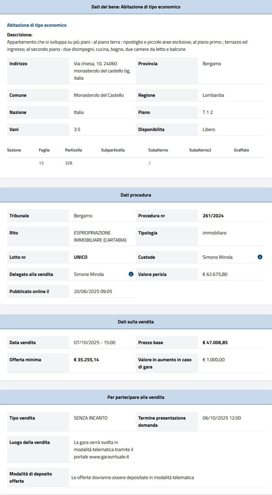 Dati tecnici asta immobiliare Informazioni asta immobiliare
