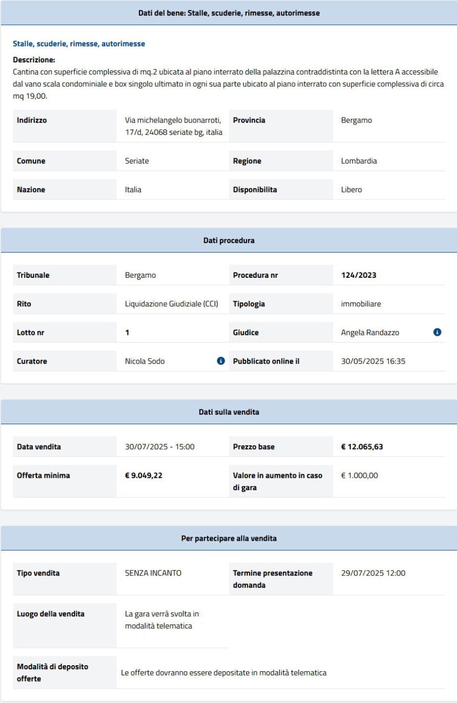 Dati tecnici asta immobiliare Informazioni asta immobiliare