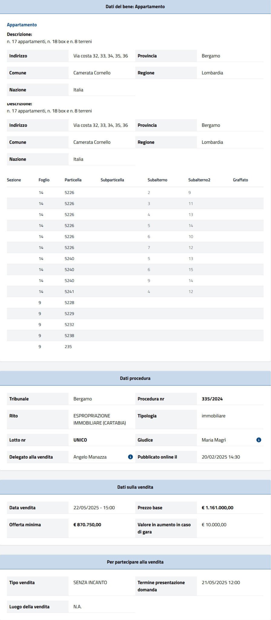 Dati tecnici asta immobiliare Informazioni asta immobiliare