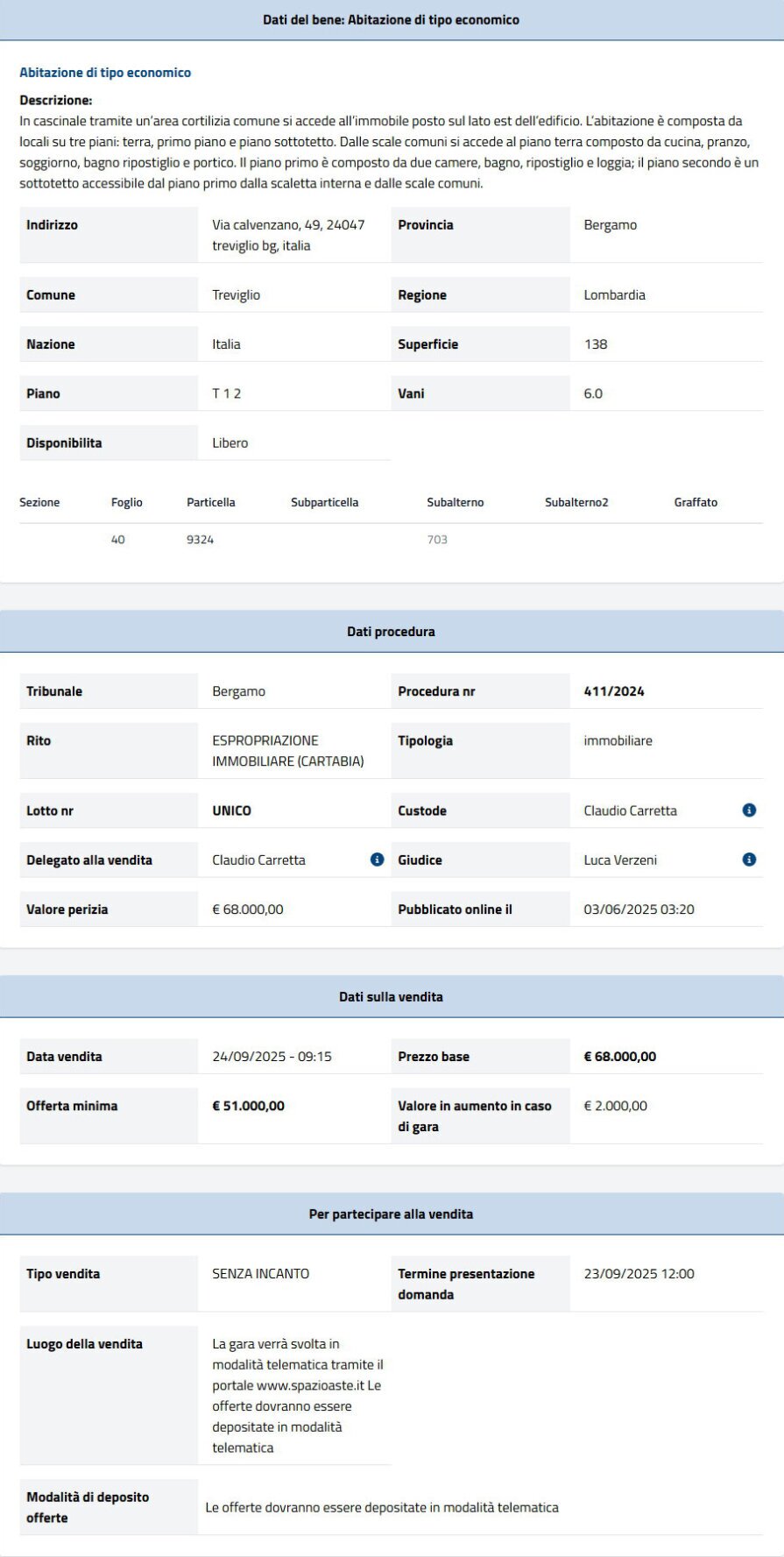 Dati tecnici asta immobiliare Informazioni asta immobiliare