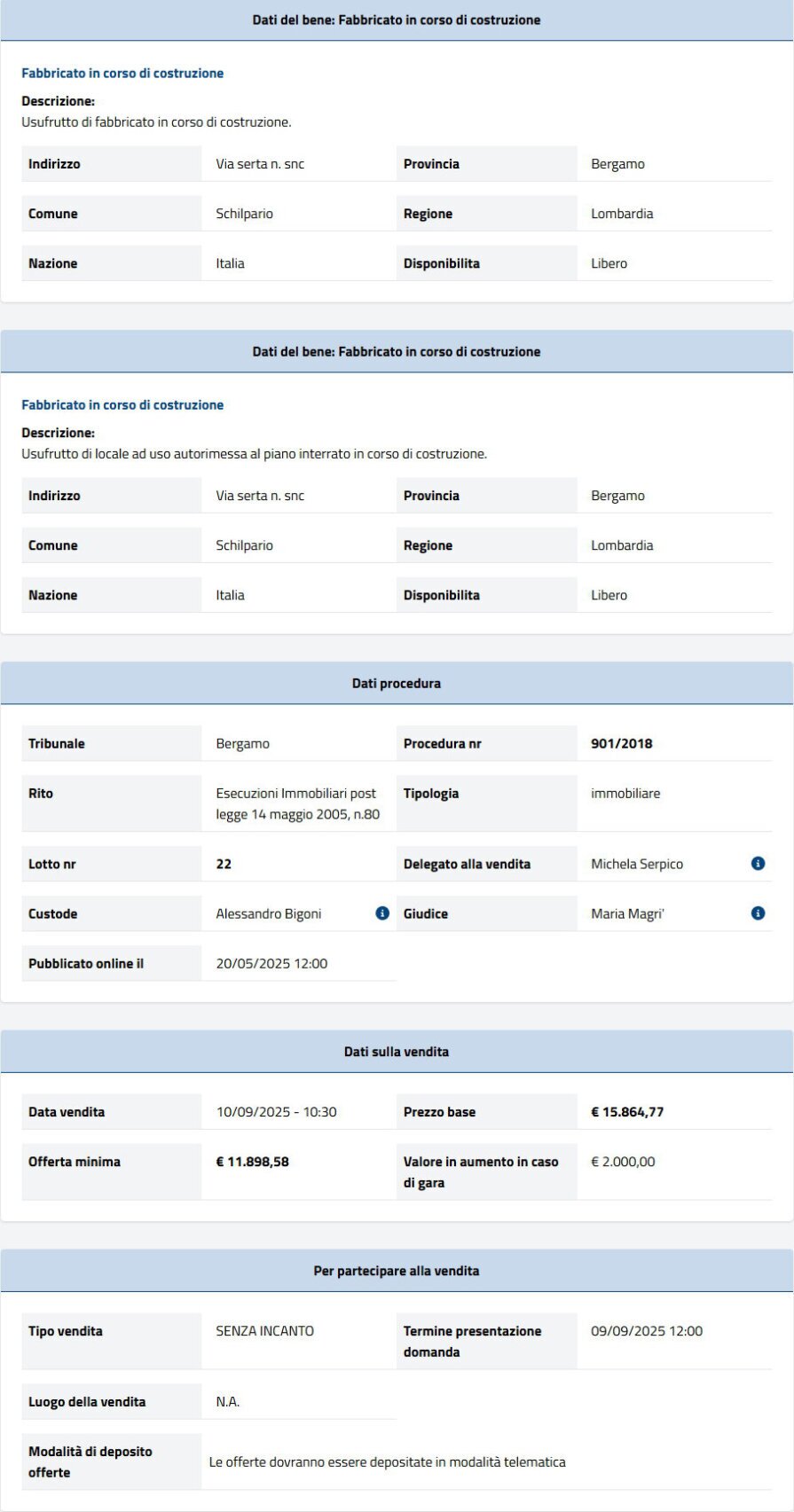 Dati tecnici asta immobiliare Informazioni asta immobiliare