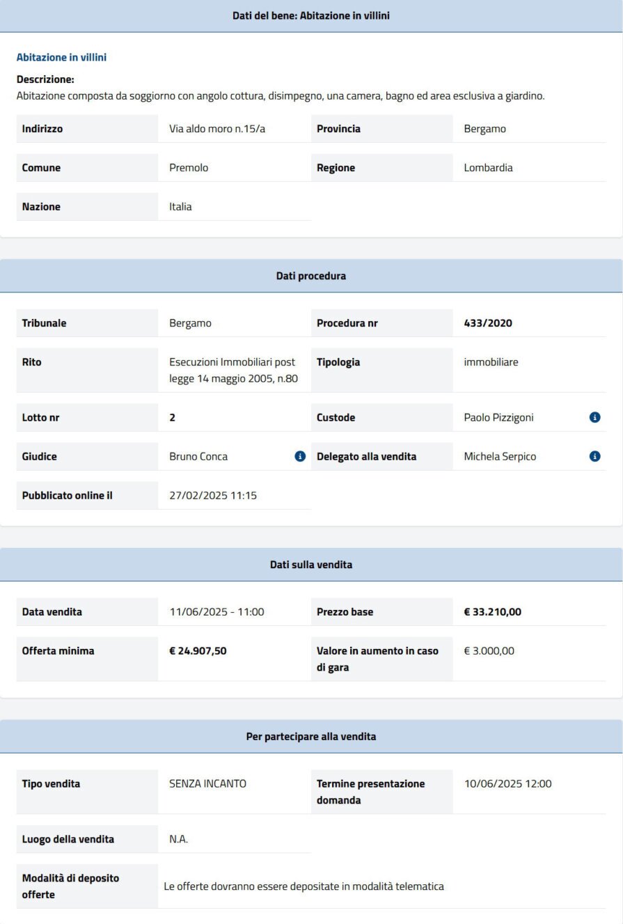 Dati tecnici asta immobiliare Informazioni asta immobiliare
