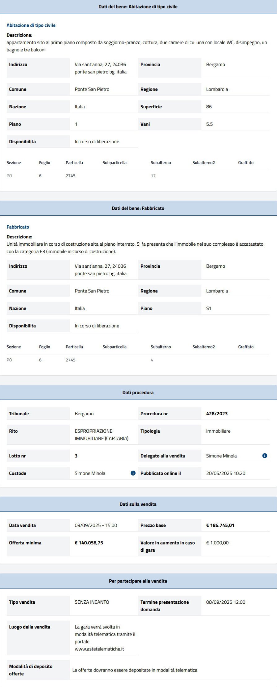 Dati tecnici asta immobiliare Informazioni asta immobiliare