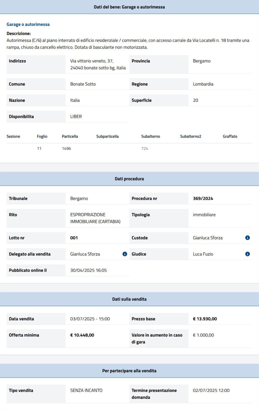 Dati tecnici asta immobiliare Informazioni asta immobiliare
