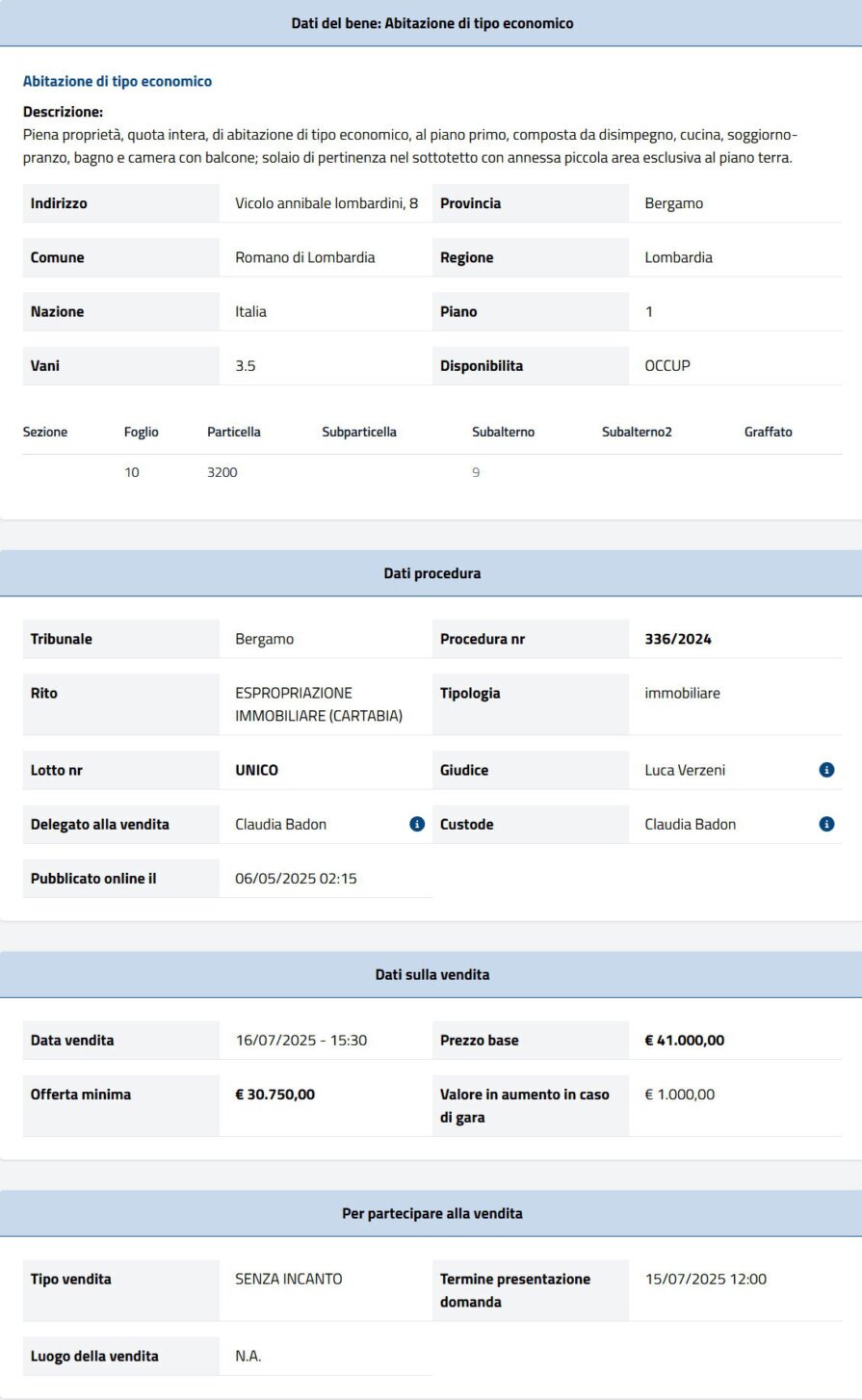 Dati tecnici asta immobiliare Informazioni asta immobiliare