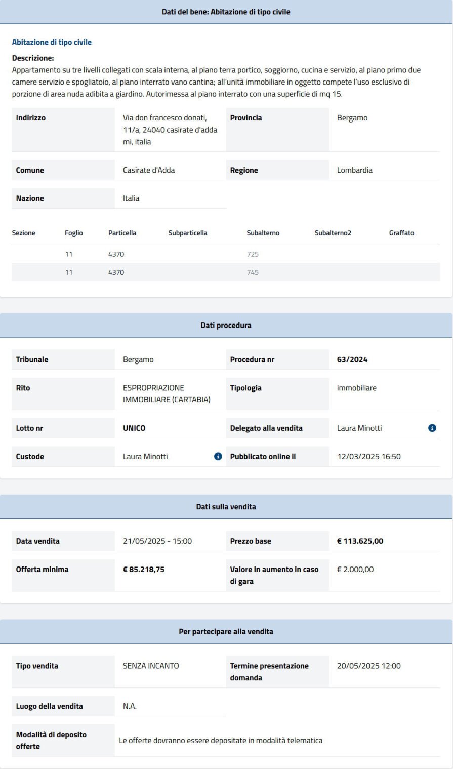 Dati tecnici asta immobiliare Informazioni asta immobiliare