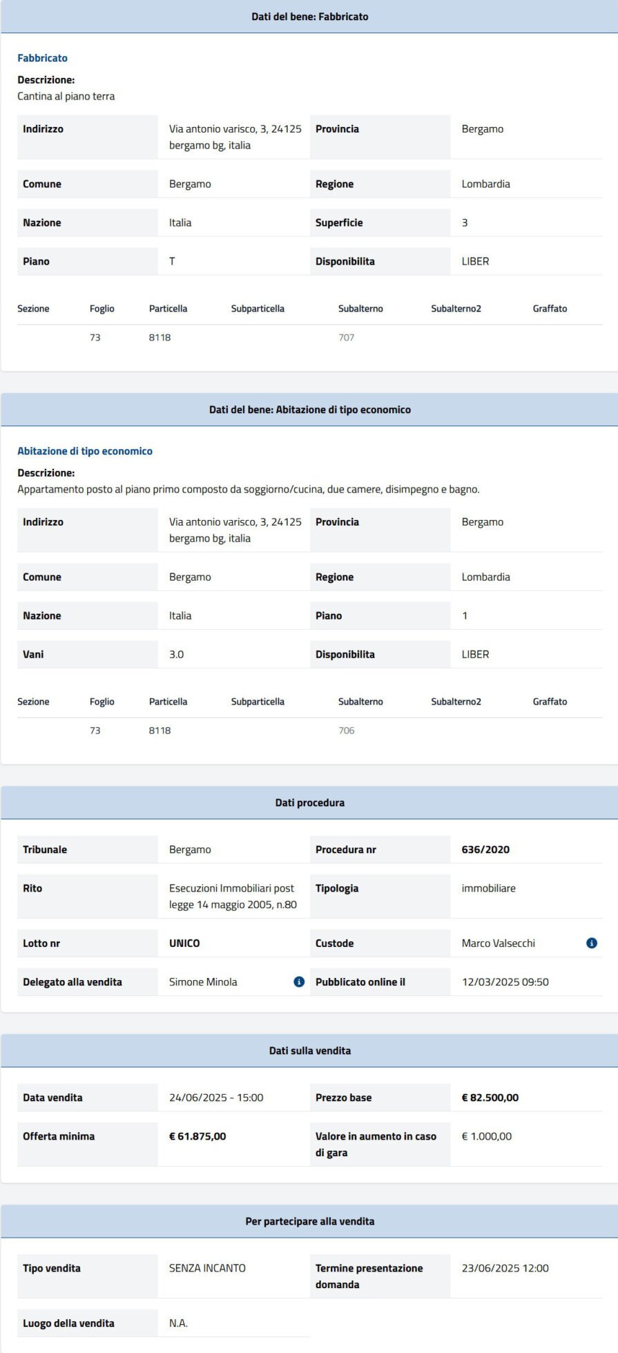 Dati tecnici asta immobiliare Informazioni asta immobiliare