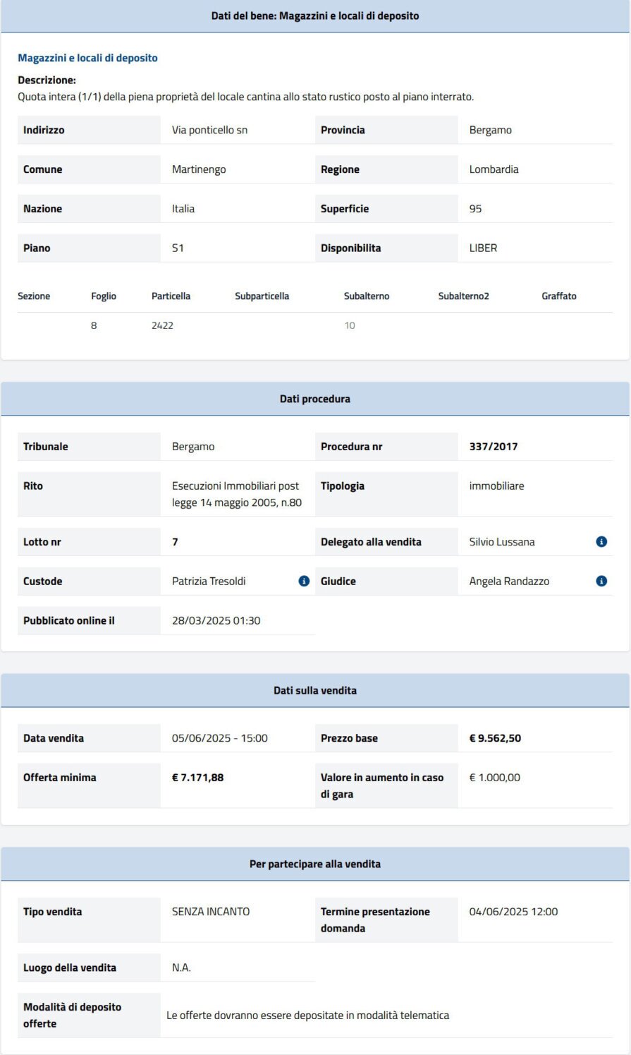 Dati tecnici asta immobiliare Informazioni asta immobiliare