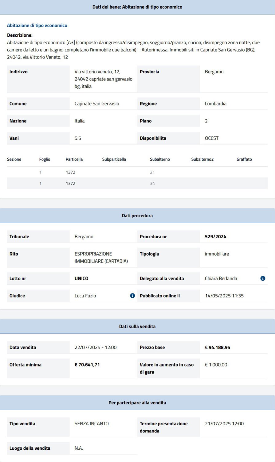 Dati tecnici asta immobiliare Informazioni asta immobiliare