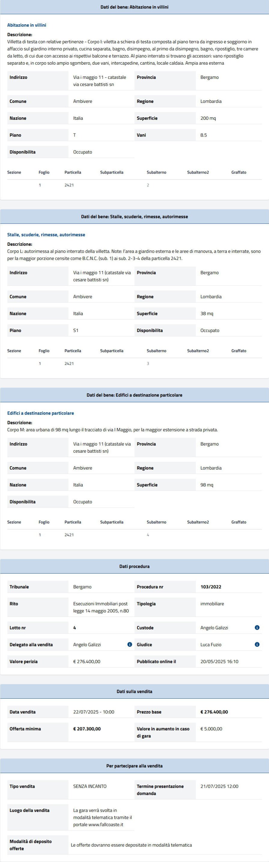 Dati tecnici asta immobiliare Informazioni asta immobiliare