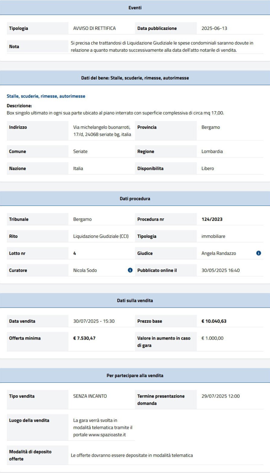 Dati tecnici asta immobiliare Informazioni asta immobiliare