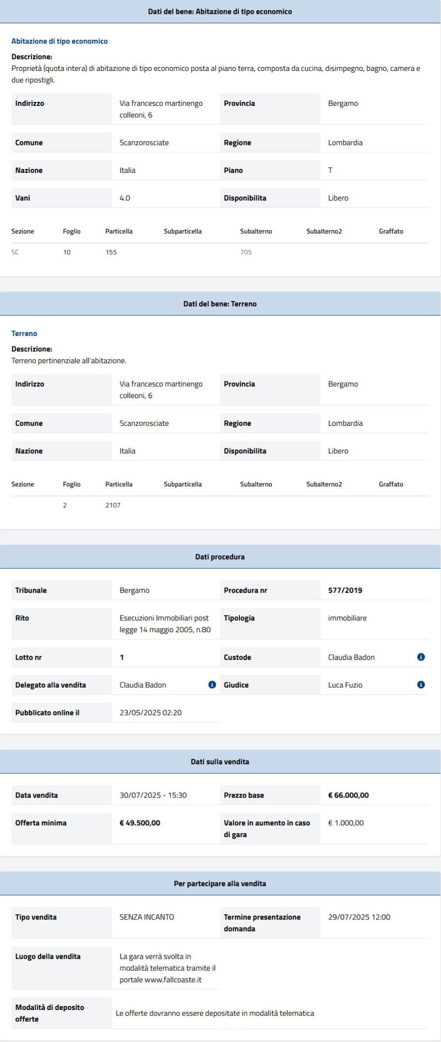 Dati tecnici asta immobiliare Informazioni asta immobiliare