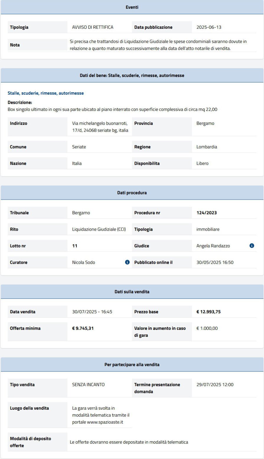 Dati tecnici asta immobiliare Informazioni asta immobiliare