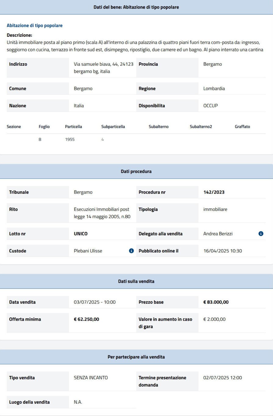 Dati tecnici asta immobiliare Informazioni asta immobiliare