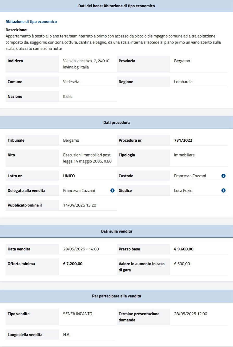 Dati tecnici asta immobiliare Informazioni asta immobiliare