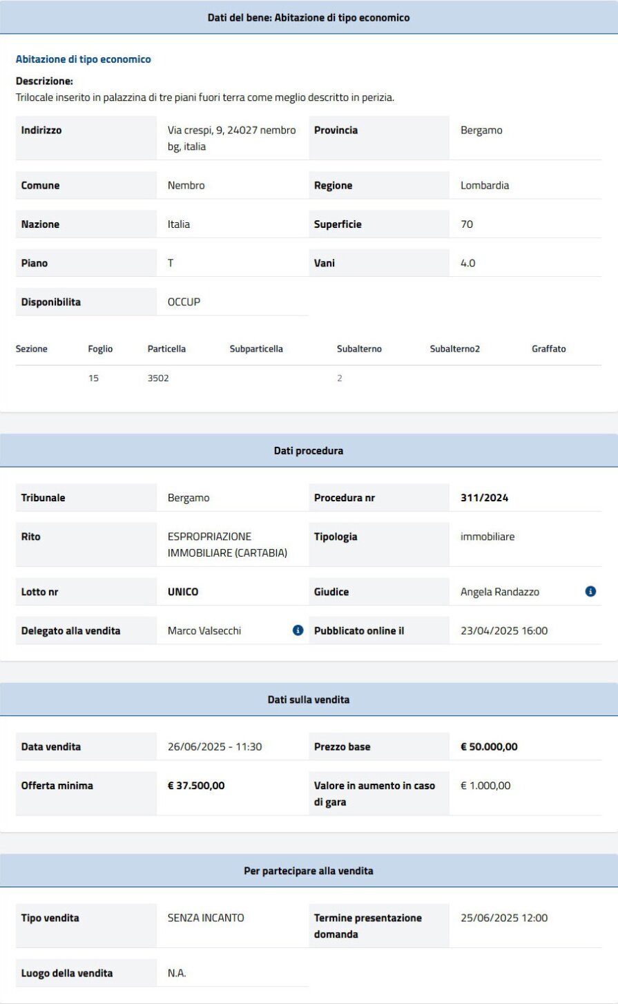 Dati tecnici asta immobiliare Informazioni asta immobiliare