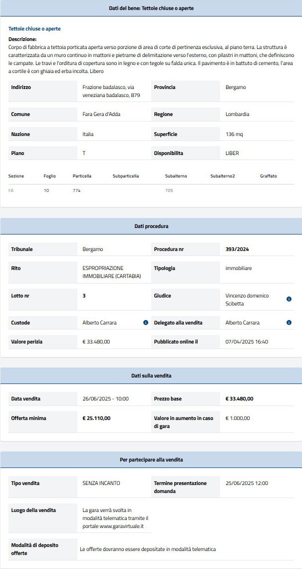 Dati tecnici asta immobiliare Informazioni asta immobiliare