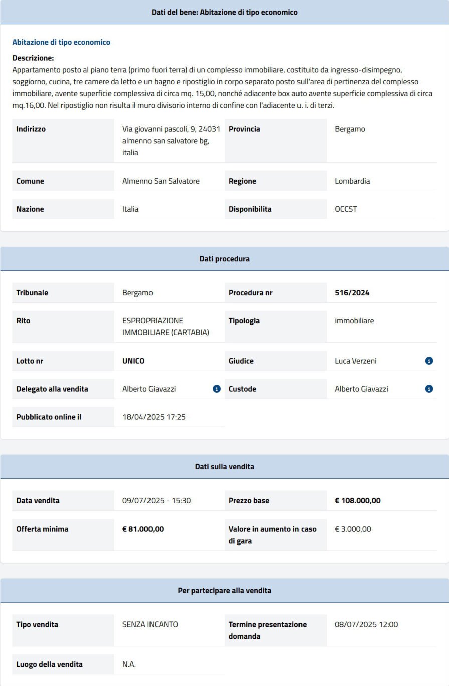 Dati tecnici asta immobiliare Informazioni asta immobiliare