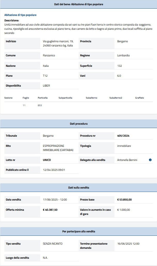 Dati tecnici asta immobiliare Informazioni asta immobiliare