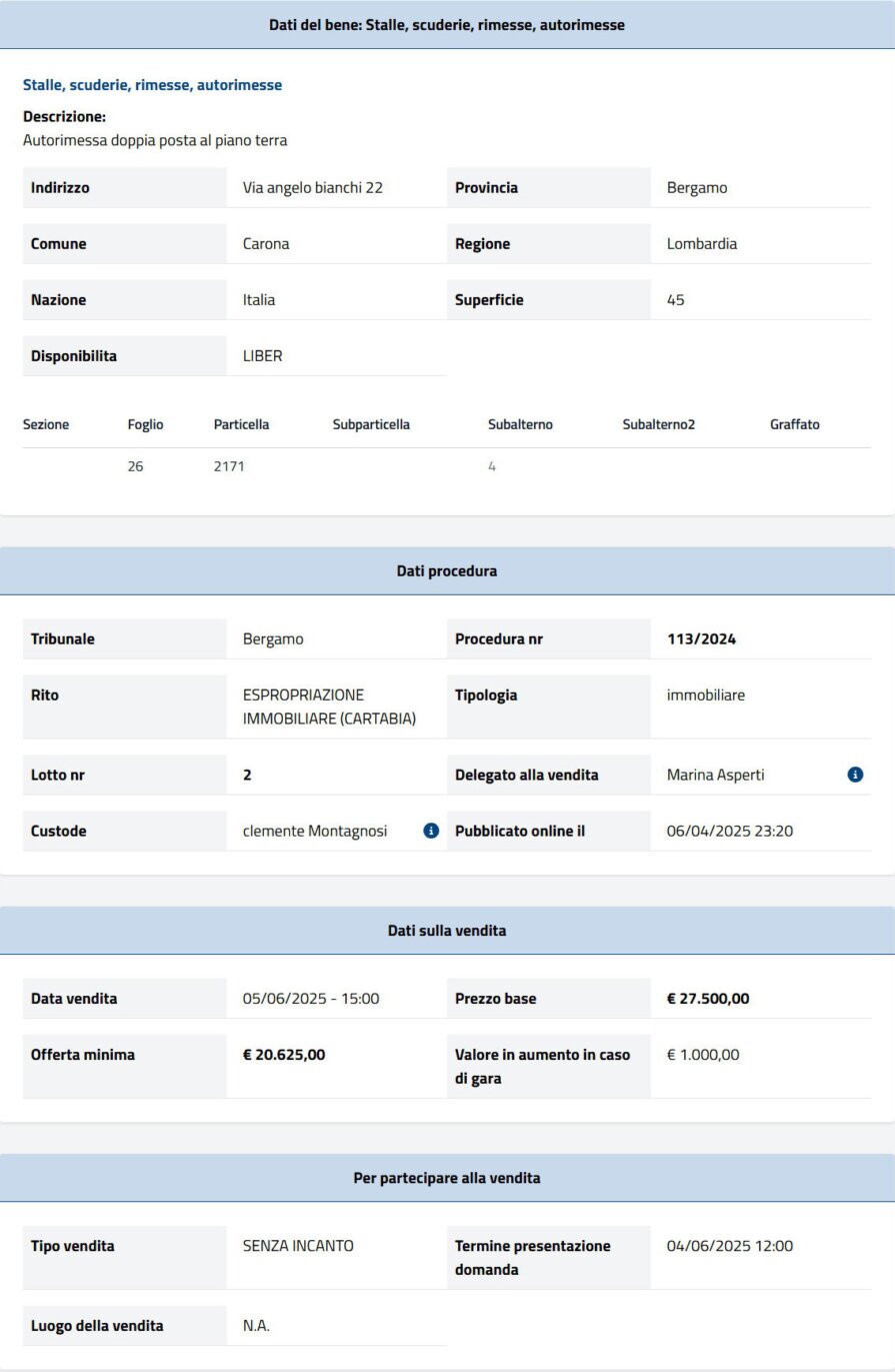 Dati tecnici asta immobiliare Informazioni asta immobiliare