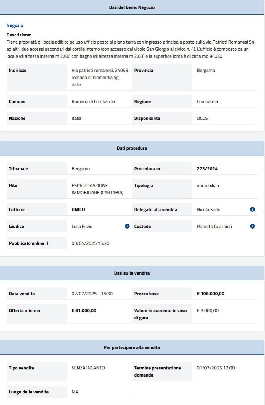 Dati tecnici asta immobiliare Informazioni asta immobiliare
